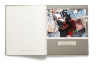 Adam Broomberg and Oliver Chanarin, 'War Primer 2', 2011 Plate 12, Following the routine Army procedure required after every battlefield death, the soldiers 
cut off the dead boy’s clothes and stripped him 
naked to check for identifying tattoos. Here they are shown scanning his iris and fingerprints, using a portable biometric scanner. http://publicintelligence.net/rolling-stone-publishes-more-u-s- kill-team-photos-and-videos/