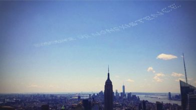 DAVID BIRKIN, Severe Clear: Existence or Nonexistence, 2014. Skywriting over New York City.