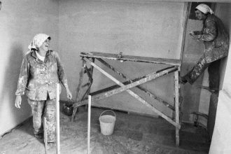 "They told me that they had worked together as a team for fifteen years. They chose the work they took on. ‘Refurbishments like this are boring. It’s more exciting working on new buildings’” Plasterers, Women Workers, Russia, (1989) Franki Raffles.