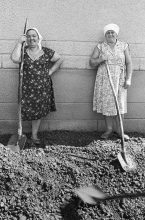 “Two women who have built over 100km of roads together. One says ‘You have people called housewives don’t you?’” Road builders, Caucasus, Women Workers, Russia, (1989), Franki Raffles.