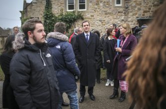 5/2/2015. Chancellor George Osborne, photographed during an election visit to the set of British soap opera, Emmerdale Farm. © Charlie Bibby 