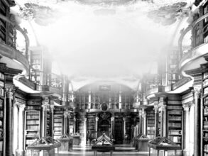 The next era (Biblioteca Monastero Benedettino, San Gallo) 2015, digital painting, print on plexiglas, 105x140x4 cm.© Mariella Bettineschi