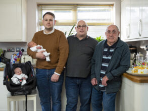 Elliot and Harrison Price 1 week, Samuel Price 32, Kevin Price 52, Colin Price 81, 2022. By Julian Germain.
