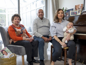 Maya Rai 85, Alfred Rai 63, Megan Gosnell 28, George Gosnell 2 months, 2022. By Julian Germain.