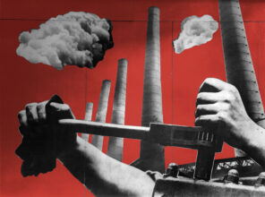 Charlotte Perriand and Fernand Léger, photomontage for the Ministry of Agriculture Pavilion, Exposition Internationale des Arts et Techniques dans la Vie Moderne, Paris, 1937. Panel to the right of the entrance, Industrial France. Contemporary recreation of colors. Archives Charlotte Perriand (AChP)/Adagp, Paris, 2021.