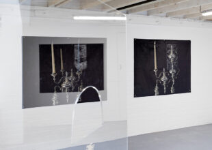 Installation shot of Magician I, II and III, 120cmx102cm each, photographic prints on velvet, spray paint, laser-cut sewn details, 160cmx110cm0.3cm acrylic screen with hatch © Stella Baraklianou, GLOAM gallery, 2020-21