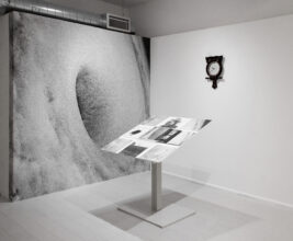 Overview of Edition III of the Abysm, with its front cover on the wall behind the final book that rests on a plinth at Elysium Gallery, Swansea, UK