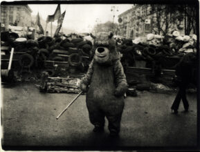 Protester wearing a bear costume posts near the barricade on Khreshatik Street © Sergiy Lebedynskyy