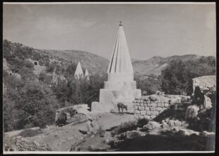 The spires of the Yazidi shrine of Sheikh Adi 13 August 1944 / Anthony Kersting