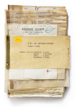 Archive, 2021. International Tracing Service folder containing lists of displaced persons registered at the Schleswig-Holstein camp at the end of WWII. The folder includes information on Paulina Schneeweiss, the artist’s grandmother. © Sara Davidmann
