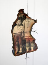 Prayer for the Dead and the Living, 2021. Detail: Manfred and Susi Burnt pigment print photo-fragments, stones, hair, wire and thread. © Sara Davidmann