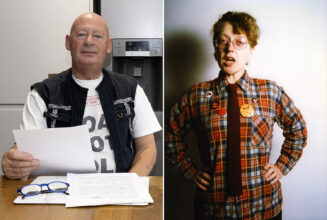 LEFT Detail from Mineworkings: Andrew ‘Watty’ Watson, Fife I, 2023 Nicky Bird RIGHT Detail from ‘Transforming the suit: what does a lesbian look like?’ 1986 Rosy Martin in collaboration with Jo Spence