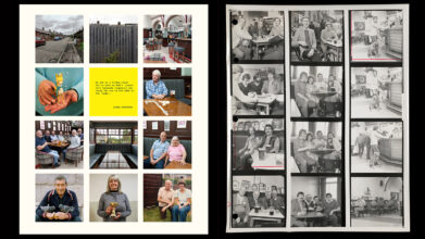 LEFT Mineworkings (Midlothian 2), 2023-24 Nicky Bird RIGHT Milton Rogovin, 1909–2011, Family of Miners (1981-1990), Contact Sheet no.56, 1982 Use of Milton Rogovin’s contact sheets is with kind agreement from the Rogovin Family. Courtesy of Library of Congress