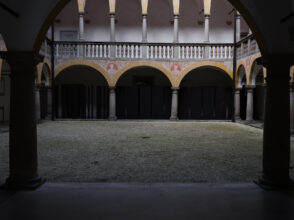 Schloss Hartheim: Castle inner courtyard showing steel monolith to mark the route of the victims from bus shelter, gas chamber and furnace room © Richard Wood