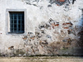 Schloss Hartheim: Bus shelter scars in castle wall removed by SS staff to hide T4 activity at site post murders © Richard Wood