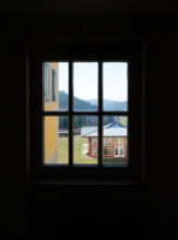 Schloss Grafeneck: Window from castle looking on to countryside and T4 bus route © Richard Wood