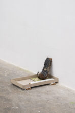 Joshua Phillips, One Feels an Old Life is Dead (a new half-life struggles on), card, wood, glue, textile sample, architectural metal ornament, 2024
