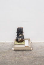 Joshua Phillips, One Feels an Old Life is Dead (a new half-life struggles on), card, wood, glue, textile sample, architectural metal ornament, 2024